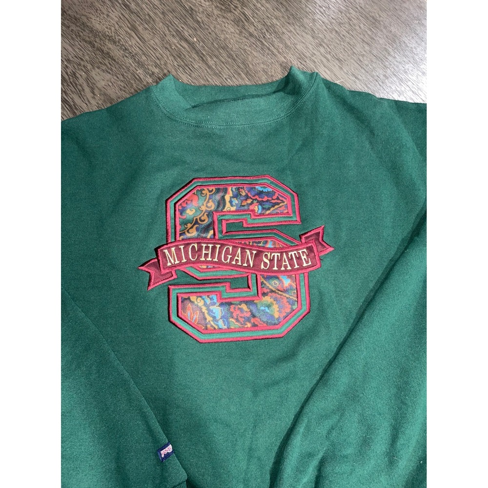 Vintage JanSport Women L Green Michigan State Sweatshirt Paisley Embroidered USA